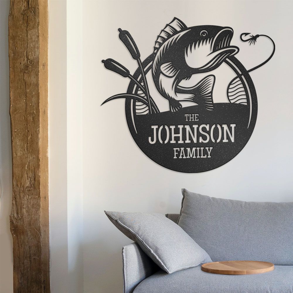 Fish Chasing Hook Personalized Metal Wall Art, Custom Metal Sign With  Family Name 