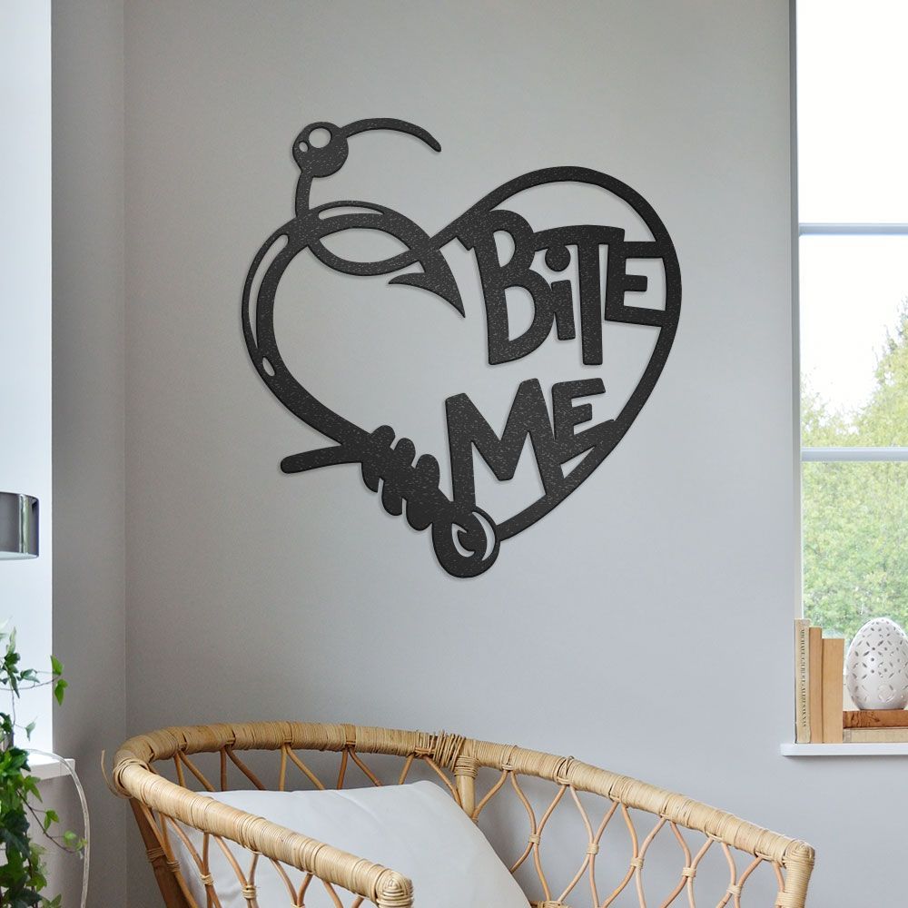 Love For Fishing Sign, Bite Me With Fishing Hook & Line, Heart Shaped Metal  Wall Art 