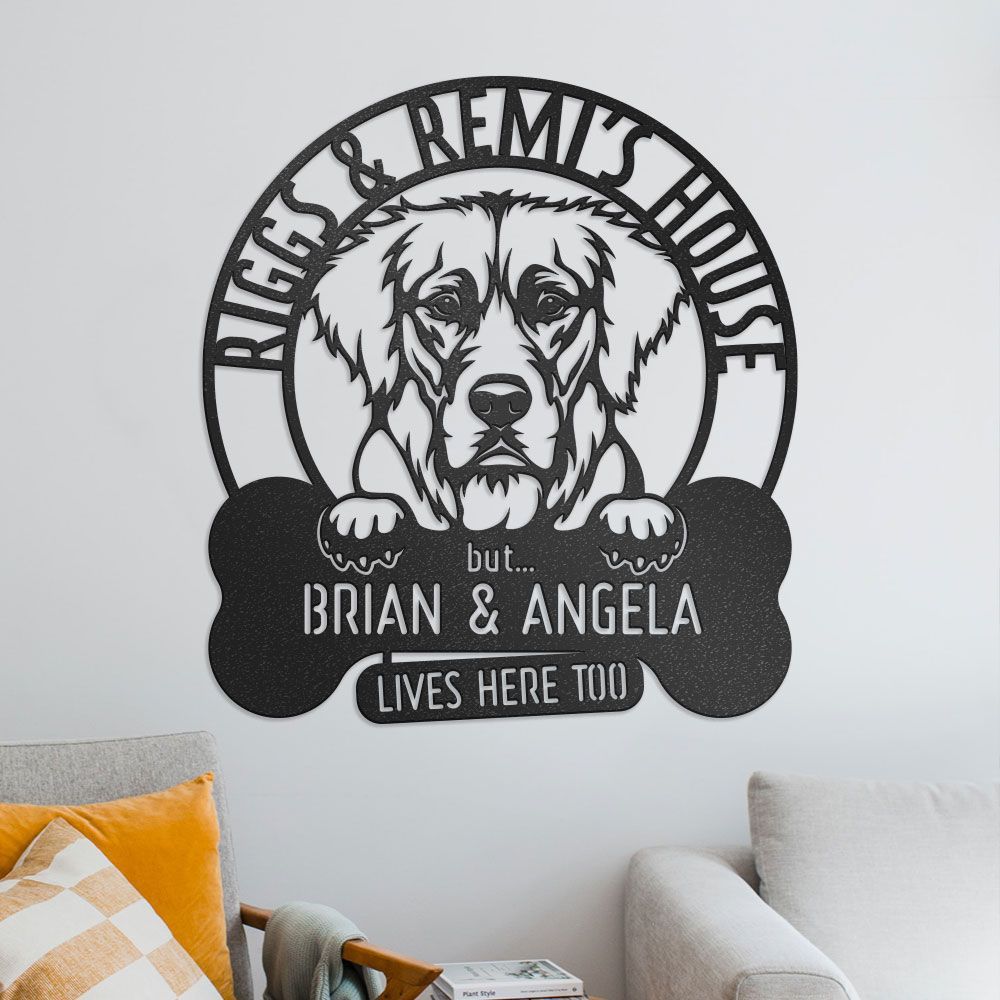 Dog Sign For House, Custom Name Lives Here Too, Personalized Metal Sign For Golden Retriever