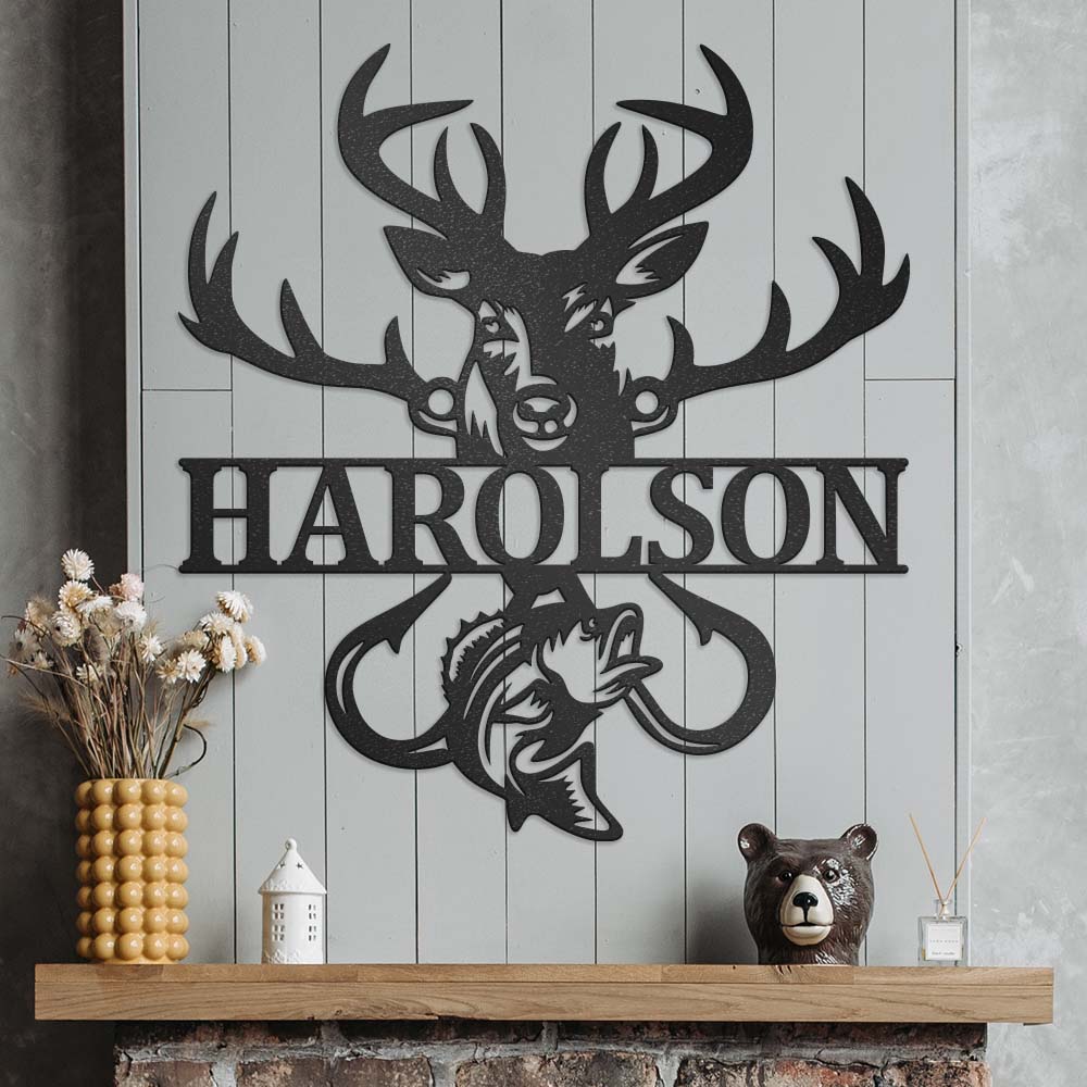 Hunting And Fishing Custom Metal Sign With Name, Deer Head, Antlers, Fish  And Hooks 